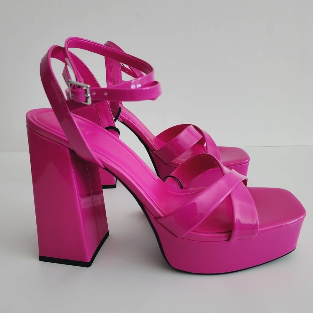 Zara Fuchsia Pink Patent Leather Platform Sandals Heels Size 9